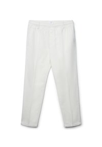 Pantaloni in corduroy bianchi con vita elasticizzata, due tasche laterali e design a gamba affusolata. Tessuto morbido e taglio dritto.