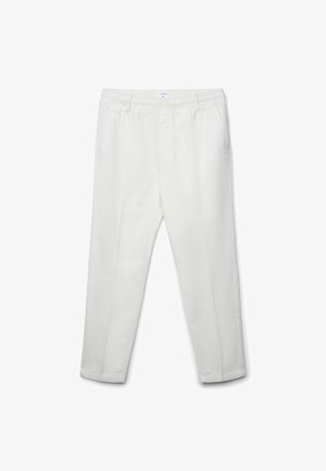 Pantaloni in corduroy bianchi con vita elasticizzata, due tasche laterali e design a gamba affusolata. Tessuto morbido e taglio dritto.