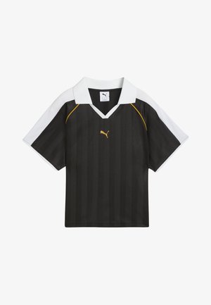 Sort stribet trøje med en hvid og gul krave, korte ærmer og et lille guld Puma-logo på fronten. Fremstillet af letvægtsstof.