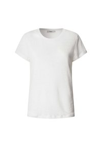 Bílý krátký rukáv T-shirt vyrobený z bavlny, s kulatým výstřihem a mírně uvolněným střihem. Hladká textura, bez vzorů nebo akcentů.