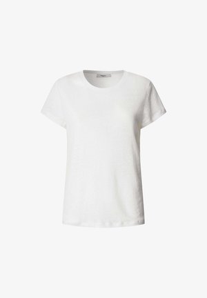 Camiseta blanca de manga corta hecha de algodón, con un cuello redondo y un ajuste ligeramente holgado. Textura suave, sin patrones ni acentos.