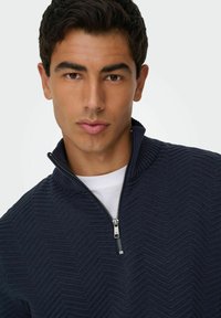 Un jeune homme aux cheveux bruns portant un pull zippé marine à motif zigzag par-dessus une chemise blanche, tourné vers l'avant devant un fond uni.