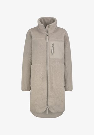 Beige Fleece-Mantel mit hohem Kragen, frontalem Reißverschluss und zwei großen Seitentaschen. Enthält eine kleine Brusttasche aus glattem Stoff.