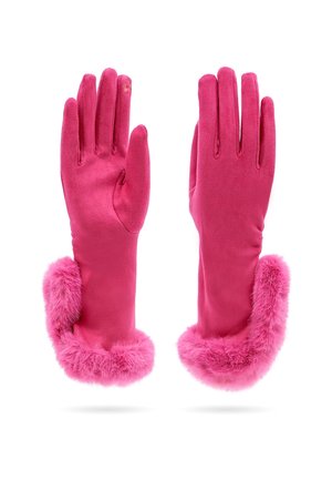 Un paio di guanti rosa con morbido bordo in pelliccia sintetica ai polsi, tessuto liscio e un dito compatibile con il touchscreen sul guanto sinistro.