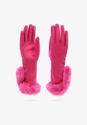 Un paio di guanti rosa con morbido bordo in pelliccia sintetica ai polsi, tessuto liscio e un dito compatibile con il touchscreen sul guanto sinistro.