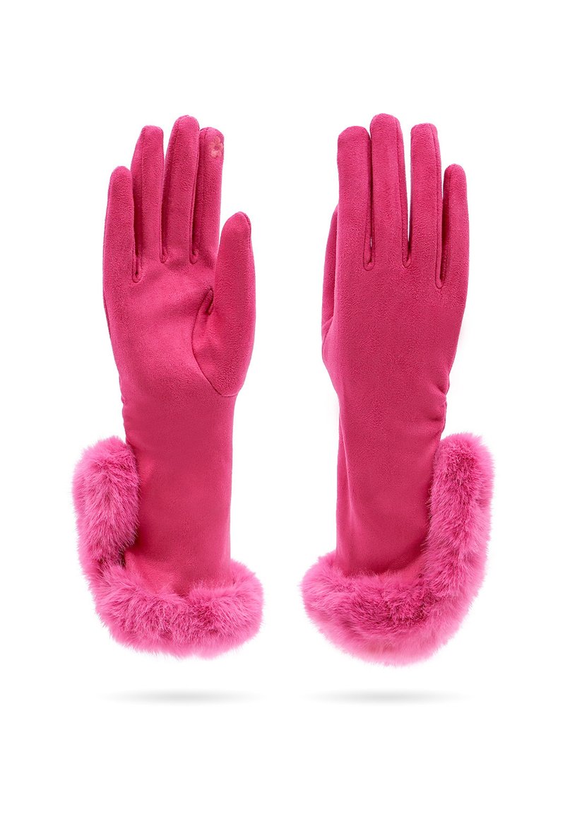 Un paio di guanti rosa con morbido bordo in pelliccia sintetica ai polsi, tessuto liscio e un dito compatibile con il touchscreen sul guanto sinistro.