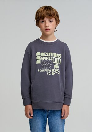 Grijze sweatshirt met een ronde hals, voorzien van een grafische print in lichtgroen en donkerpaars. Zachte textuur met zijzakken. Casual pasvorm.
