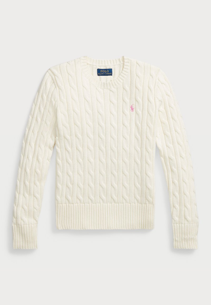 Kabeļa adījuma krēms džemperis ar ribotu apakšmalu un piedurknēm. Iespējots neliels rozā logo uz krūtīm. Mīksta tekstūra un apaļa kakla izgriezums.