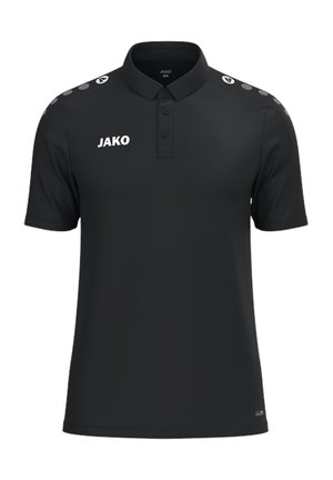 Polo de manga corta negro con cuello, tres botones, logotipo de JAKO en el pecho y puntos con patrón en los paneles de los hombros.