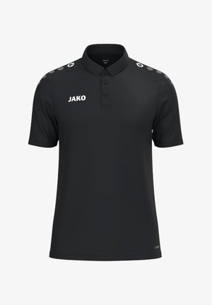 Polo de manga corta negro con cuello, tres botones, logotipo de JAKO en el pecho y puntos con patrón en los paneles de los hombros.