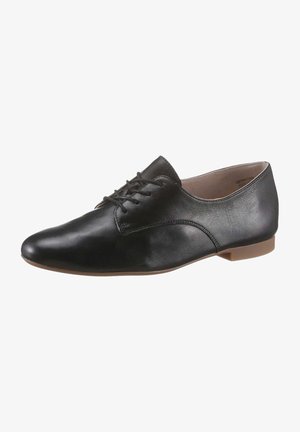 Chaussures en cuir noir avec une texture lisse, bout arrondi et lacets. Présentent un petit talon plat et des détails de couture minimaux.