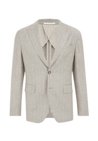 Helle graue Blazer aus strukturiertem Stoff mit Streifenmuster, Reverskragen, zwei Vorderaschen, einem Ein-Knopf-Verschluss und einem gemusterten Futter.