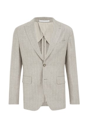 Lichtgrijze blazer van een textuurstof, met streepdessin, notch revers, twee voorzakken, een enkele knoopsluiting en een gestreepte voering.