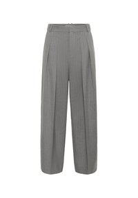 Szare spodnie w prążki o wysokim stanie, szerokich nogawkach, z zakładkami i gładką fakturą. Posiadają pas z zapięciem na zamek błyskawiczny.