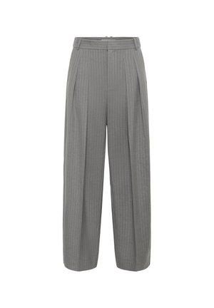 Šedé proužkované kalhoty s vysokým pasem, širokými nohavicemi, záhyby a hladkým povrchem. Obsahují pás s uzávěrem na zip.