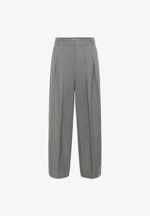 Grå pindstribede bukser med høj talje, bred bendesign, folder og en glat tekstur. Har en linning med lynlås lukning.