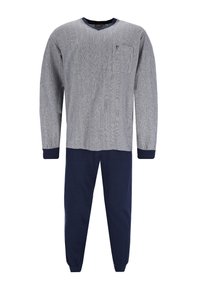 Herren Zweiteiler Schlafanzug. Langärmliges, graues Oberteil mit Struktur und einer Tasche; navyfarbene Hose mit elastischen Bündchen. Aus weichem Baumwollmaterial.