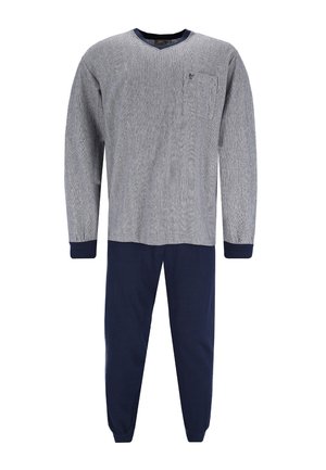 Herren Zweiteiler Schlafanzug. Langärmliges, graues Oberteil mit Struktur und einer Tasche; navyfarbene Hose mit elastischen Bündchen. Aus weichem Baumwollmaterial.