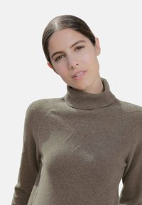 Pull à col roulé marron en matériau doux, avec un motif en diamant et des accents côtelés au niveau du col et des poignets.