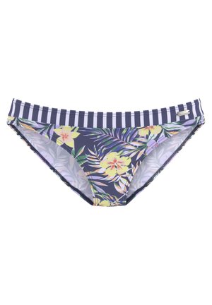 Bloemige bikini onderkant met een marineblauwe basis, versierd met gele bloemen en groene bladeren; gestreepte tailleband voegt contrast en textuur toe.
