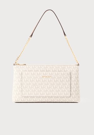 Beige Michael Kors schoudertas met logopatroon, voorvak, gouden ketting en leren band, en bovenste ritssluiting.