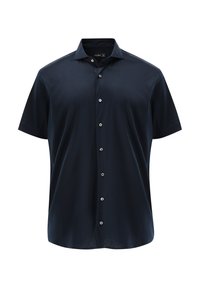 Marineblaues Hemd mit kurzen Ärmeln aus glattem Stoff, mit Standardkragen und fünf grauen Knöpfen vorne. Einfaches Design, keine Muster.