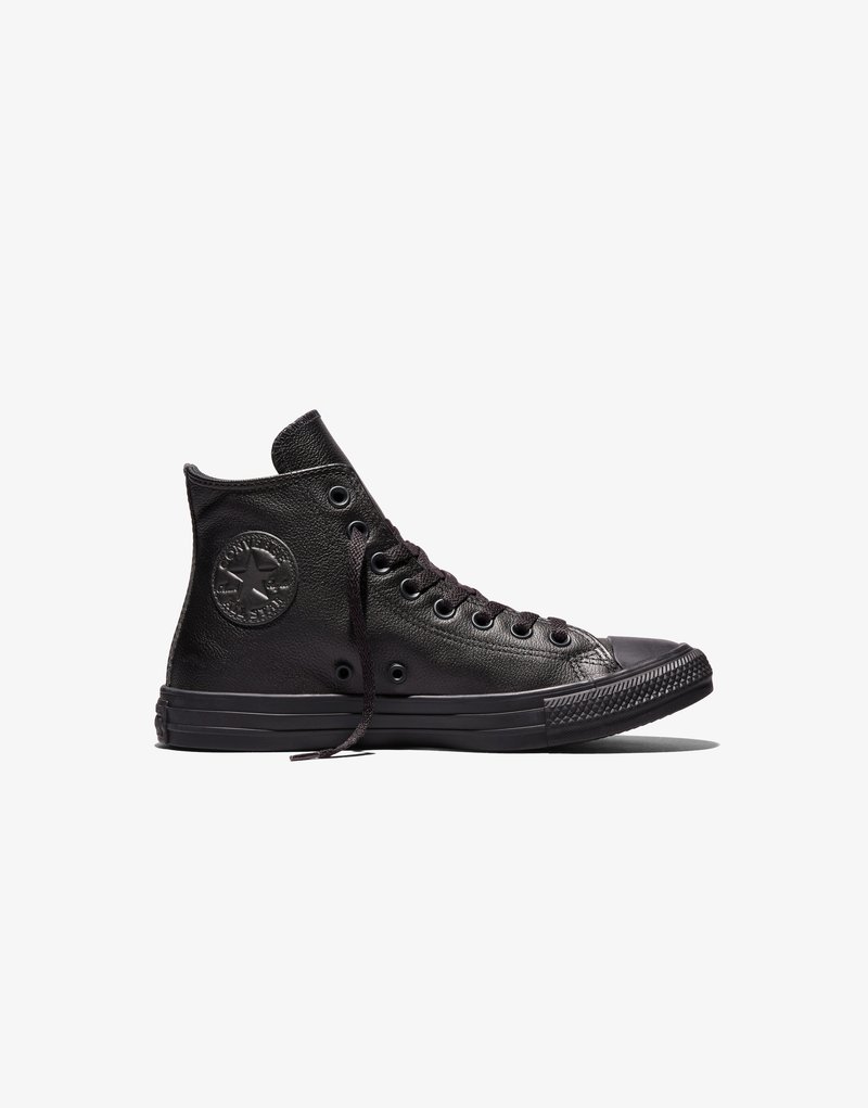 Baskets montantes Converse All Star en cuir noir avec lacets noirs et semelle en caoutchouc, patch logo latéral visible sur fond blanc propre.