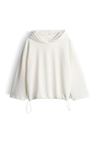Witte, gestructureerde hoodie met lange mouwen en verstelbare koordjes aan de onderkant, weergegeven op een witte achtergrond.