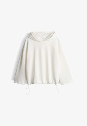 White textured hooded sweatshirt with long sleeves and adjustable drawstrings at the hem, displayed on a white background.