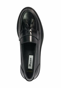 Black leather loafers feature a smooth finish, round toe, decorative tassels, and a wide fit design. Textured sole adds grip.