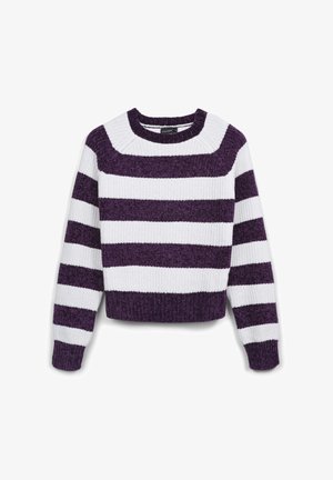 Purple and white striped sweater with a ribbed texture, crew neck, and cropped design. Features wide horizontal stripes in contrasting colors.