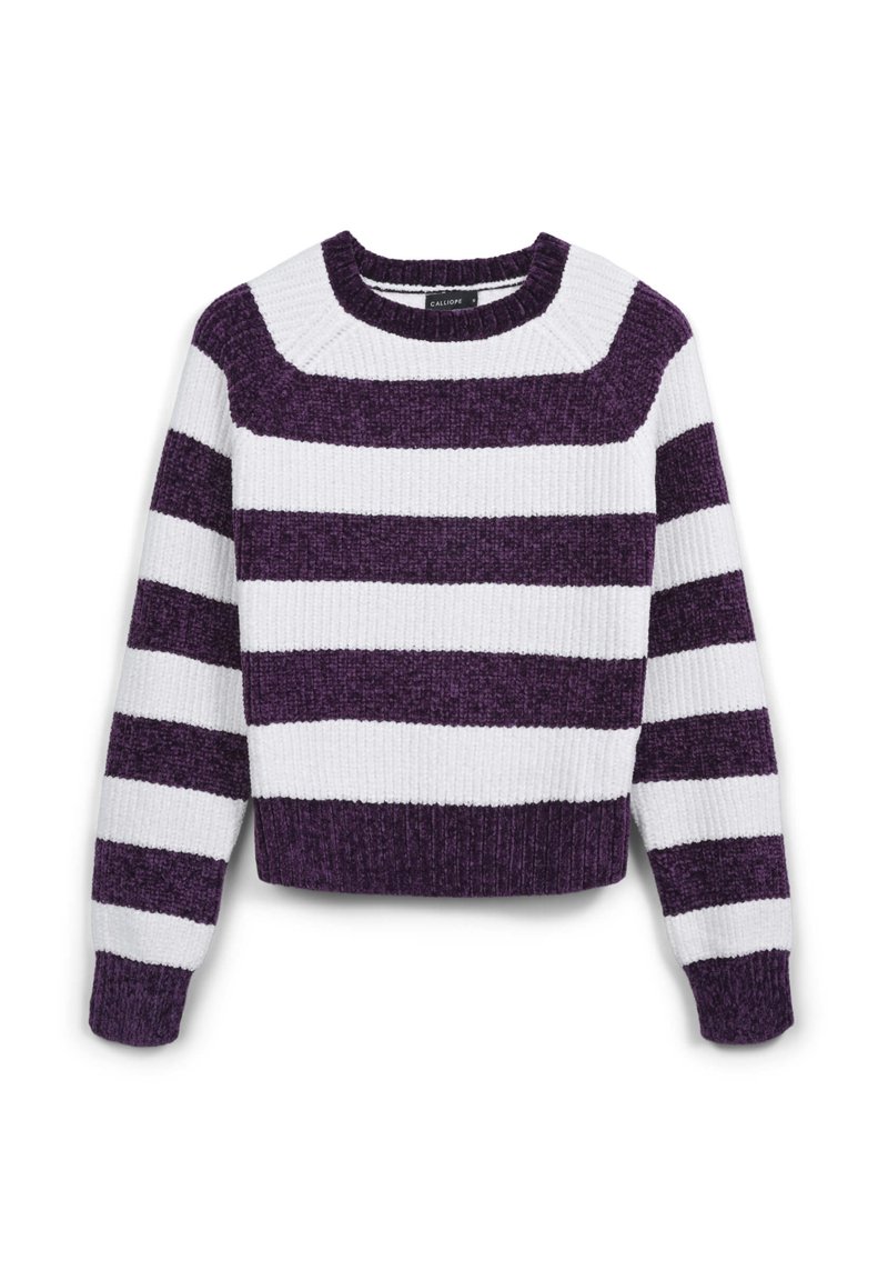 Lila-weißer gestreifter Pullover mit gerippter Textur, Rundhalsausschnitt und cropped Design. Verfügt über breite horizontale Streifen in kontrastierenden Farben.