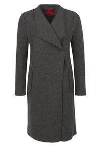 Gray wool blend coat with a shawl collar, long sleeves, and two front pockets, featuring a knee-length design and soft texture.