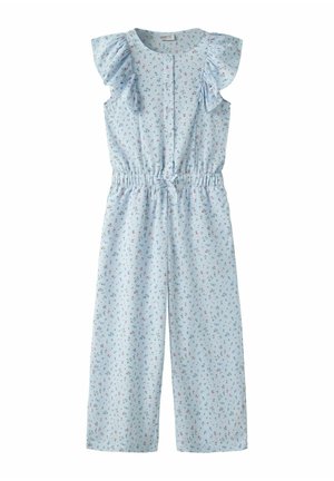 Svetlo modra brezrokavnik jumpsuit z majhnim večbarvnim cvetličnim potiskom, nabrane naramnice, gumbast sprednji del, elastičen pas in široke hlačnice.