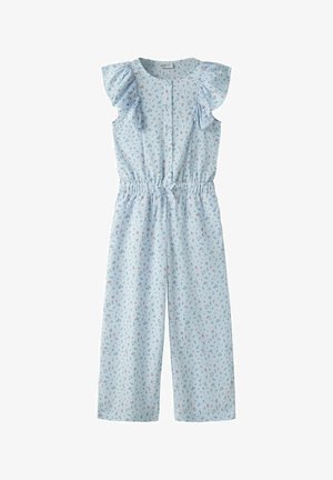 Šviesiai mėlynas berankovis kombinezonas su mažais daugių spalvų gėlių raštais, raukšlėtomis petnešėlėmis, sagotu priekiu, elastinga liemeniu ir platėjančiomis kelnėmis.