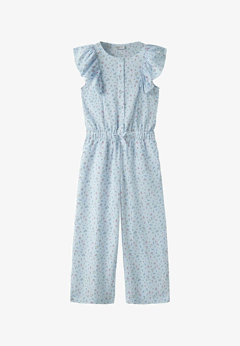 Combinaison sans manches bleu clair avec petit imprimé floral multicolore, épaules à volants, devant boutonné, taille élastique et jambes larges.