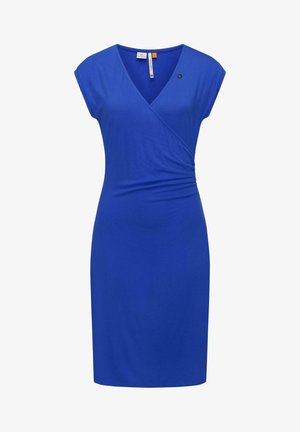 Blue dress made of soft, stretchy fabric. Features a V-neck, cap sleeves, and a fitted waist with subtle ruching on one side.
