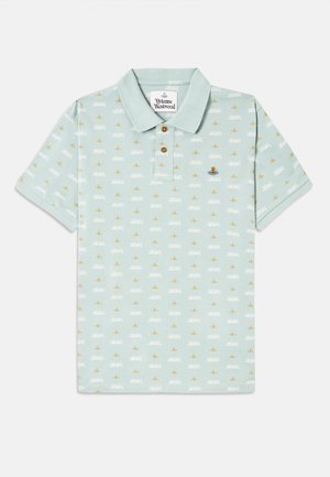 Hellblaues Polohemd mit Kragen, aus strukturiertem Stoff; verfügt über ein wiederholtes Muster aus kleinen goldenen und weißen Designs, mit Logopunkt.