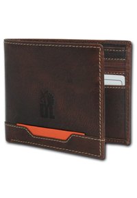 Bruine leren portemonnee met witte stiksels, heeft een oranje accent, een reliëflogo, meerdere kaartsleeves en een ritscompartiment.