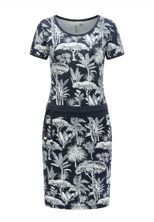 Marineblå kortermet kjole med hvitt tropisk tre- og plante-mønster, rund halsringning og snøring i midjen.