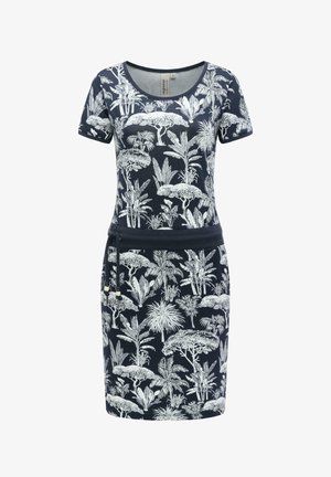 Navyblå kortærmet kjole med hvidt tropisk træ- og plantemønster, rund halsudskæring og snøre i taljen.