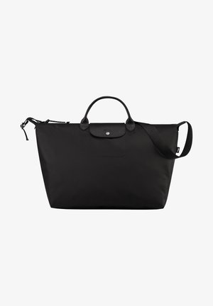 Schwarze Nylon-Shopper-Tasche mit doppeltem Griff und verstellbarem Schultergurt. Verfügt über eine Vordertasche mit Druckknopfverschluss. Glatte Textur.