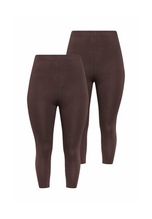 To par brune højtaljede cropped leggings vist side om side på en hvid baggrund.
