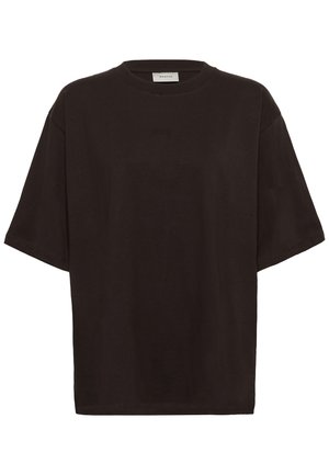 Schwarz kurzärmeliges T-Shirt mit lockerem Schnitt und Rundhalsausschnitt, mit einem dezenten kleinen Logo mittig unterhalb des Halsausschnitts und einem Markenlabel innen am Kragen.