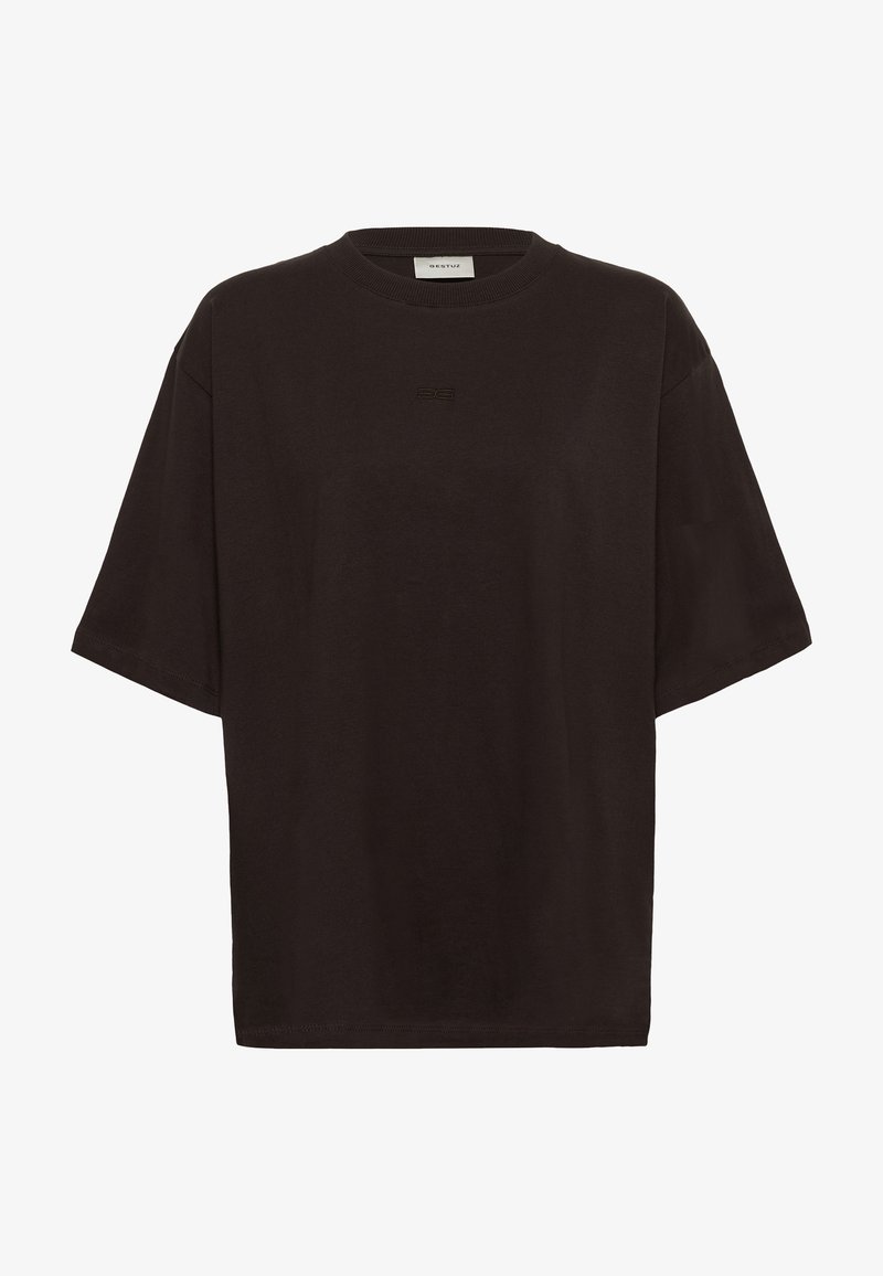Μαύρο T-shirt χαλαρής γραμμής με κοντά μανίκια και στρογγυλή λαιμόκοψη, με διακριτικό μικρό λογότυπο στο κέντρο κάτω από τη λαιμόκοψη και ετικέτα της μάρκας στο εσωτερικό του γιακά.