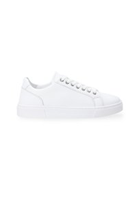 Hvide lædersneakers med lav profil, rund tå, seks øsner og syede detaljer på sålen. Glat tekstur og minimalistisk design.