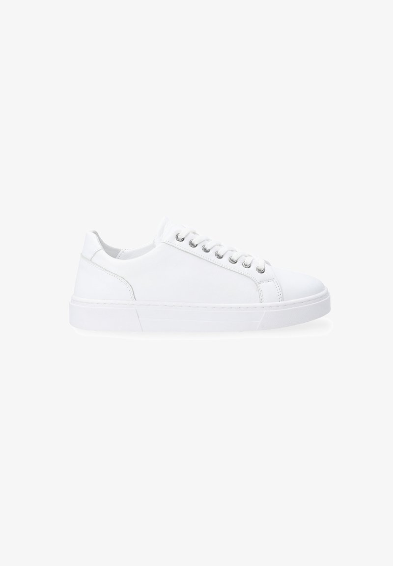 White leather sneaker with a low profile, round toe, six eyelets, and stitched detailing on the sole. Smooth texture and minimal design.