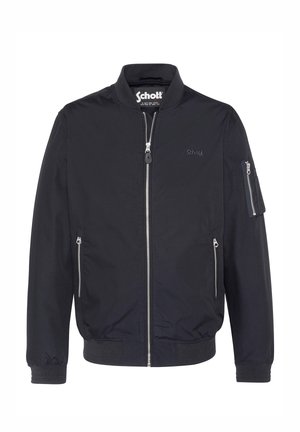 Schwarze Bomberjacke mit Frontreißverschluss, Reißverschlusstaschen an den Seiten und am Ärmel, geripptem Kragen und Bündchen, Schott-Logo auf der Brust und im Innenkragen.