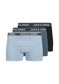 Three pairs of men's boxers in light blue, dark teal, and black. They feature a branded elastic waistband with "JACK & JONES" in white.