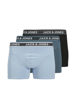 Trois paires de boxers pour hommes en bleu clair, vert foncé et noir. Ils possèdent une ceinture élastique brandée avec "JACK & JONES" en blanc.
